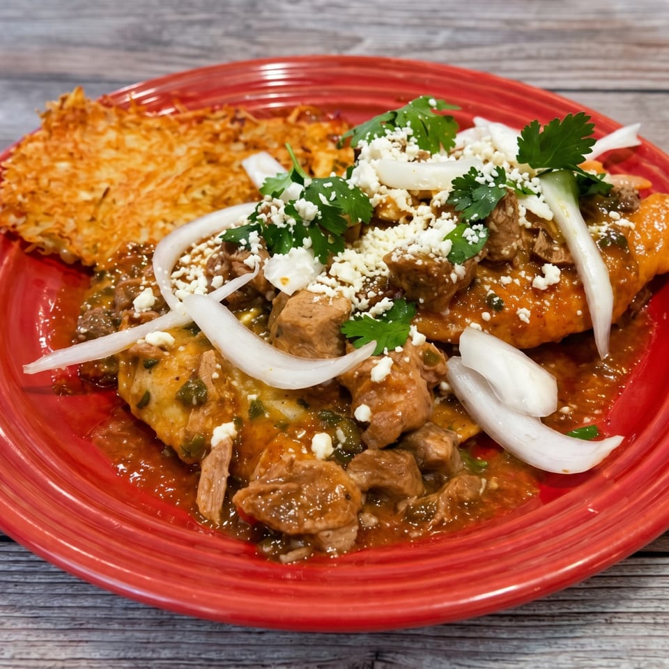 Savory pork stew with onions, cilantro, and cheese, served with a crispy hash brown on a red plate.