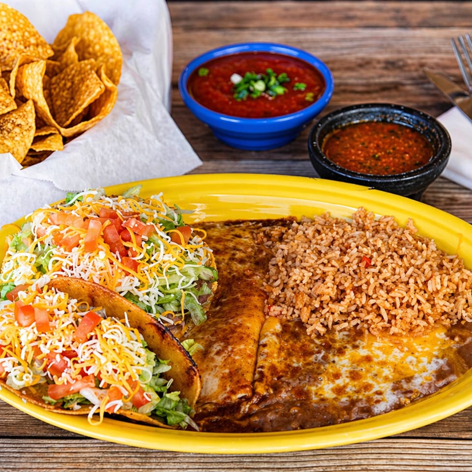 A vibrant Mexican combo platter with tacos, enchiladas, rice, beans, chips, and salsa on a wooden table.